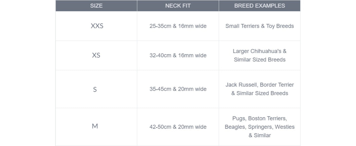 collar size table
