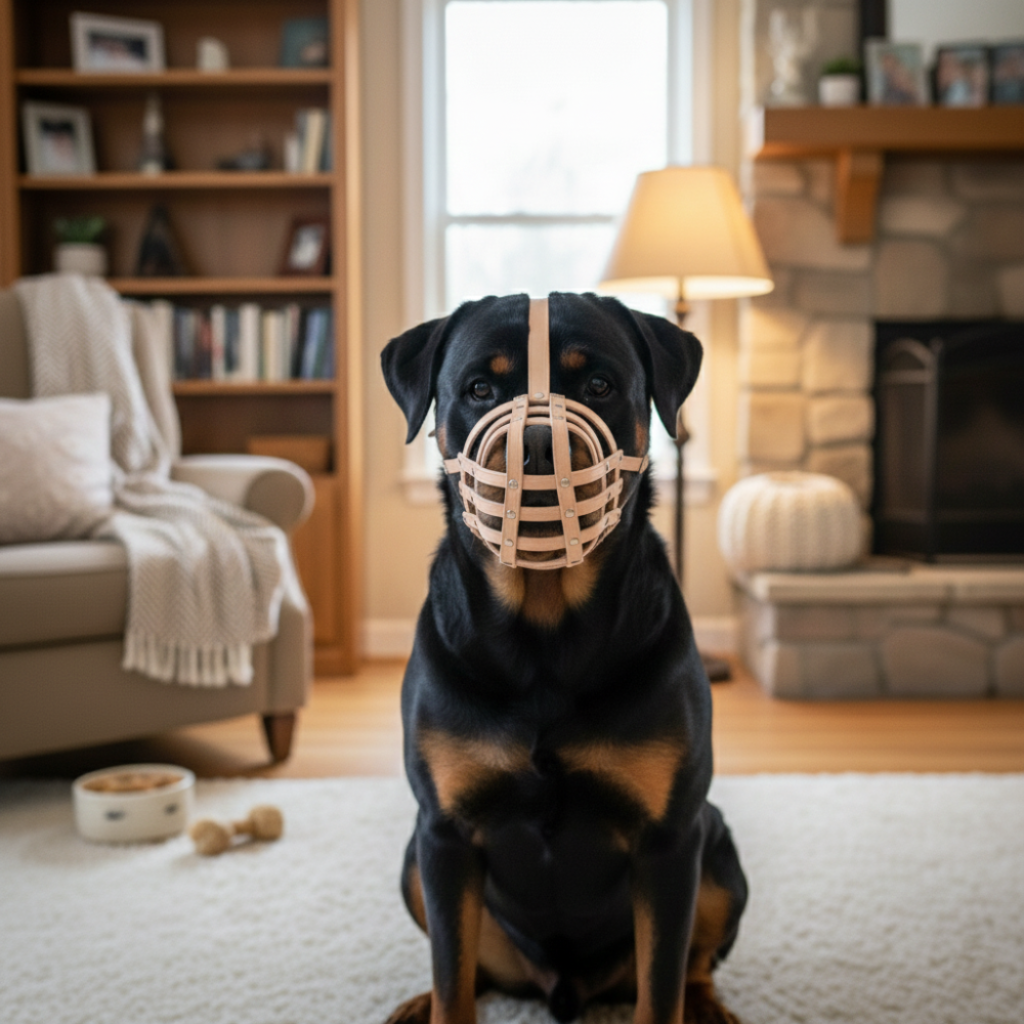 Lightweight Leather Dog Muzzle for Rottweiler, Mastiff and Similar Sized Dogs - Natural